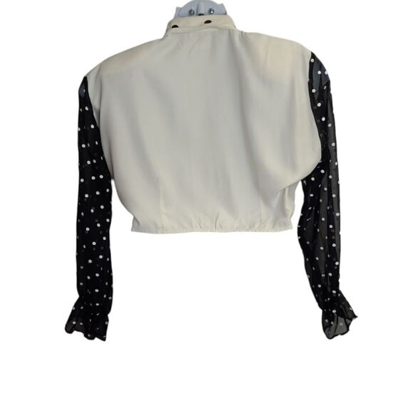 VINTAGE 90s black and white polka dot long sleeve button up tie crop top S - Picture 3 of 8